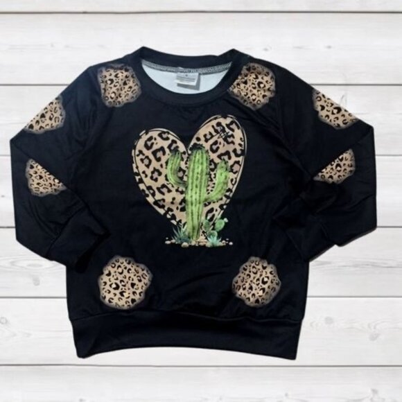 Cactus'n Leopard Heart on Black Long Sleeve Shirt 3T - Picture 1 of 1